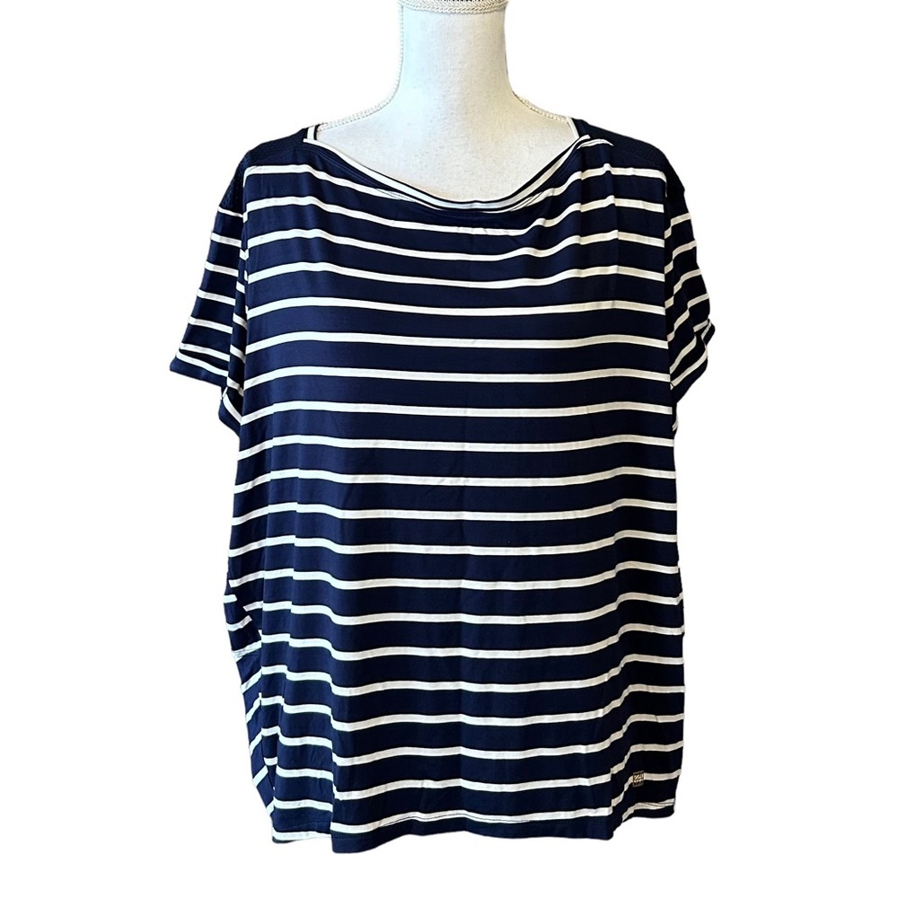 AK Sport Ember Sport Active Top‎ Women’s SZ Large Navy White Stripe Coastal NEW